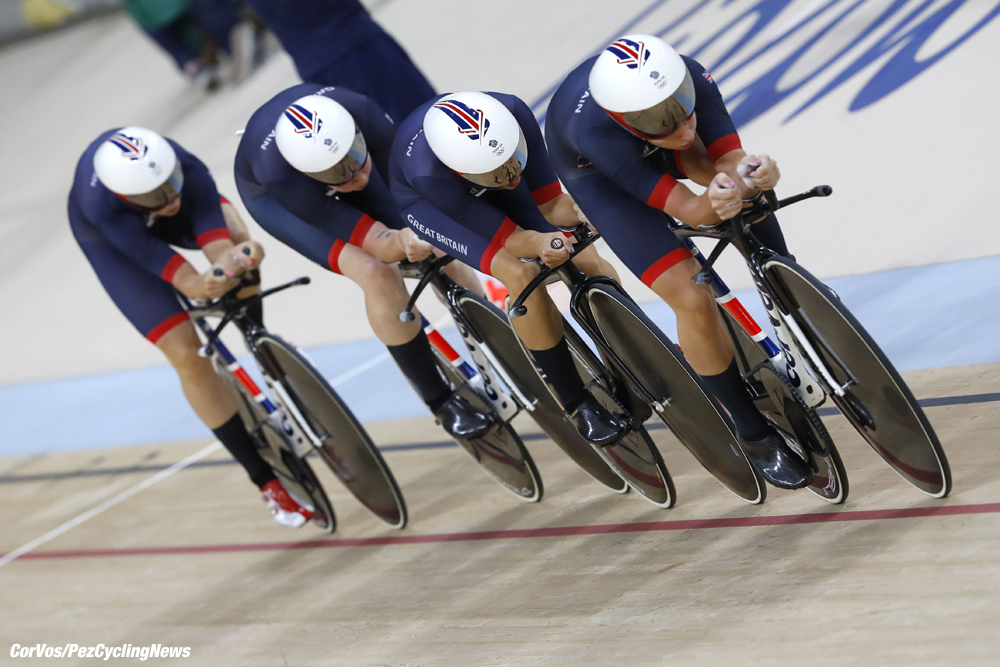 The GB women's pursuit team took the Olympic Gold Medal and set a new World record in the final against the United States of America. The team of Katie Archibald, Laura Trott, Elinor Barker and Joanna Roswell-Shand recorded 4:10.236, beating the old record and USA by just over 2 seconds. Pic:CorVos/PezCyclingNews.